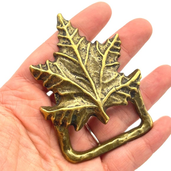 1970's Solid Brass Maple Leaf Belt Buckle Vintage Rustic Western Style